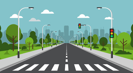 Adobe illustrator vector flat style illustration of a straight city road with multiple lanes, a crosswalk, functioning green traffic lights, streetlights, trees, and a distant urban skyline