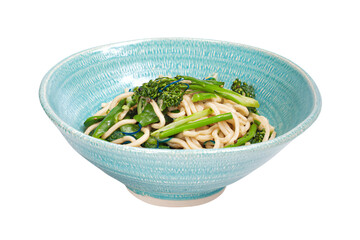 a bowl of noodles and broccoli on a white background