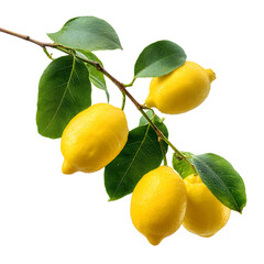 Lemon branch with fresh yellow lemons and green leaves against a black background