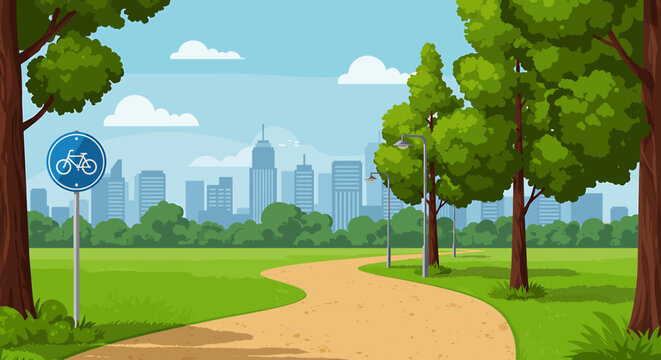 Adobe illustrator vector flat style illustration of a winding dirt path in a park, perfect for bicycle riding, with lush trees, lampposts, and a modern city skyline in the background