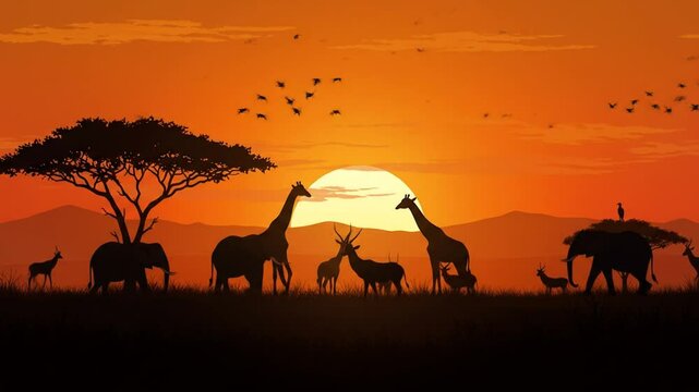 Silhouette african savanna animals at sunset landscape image