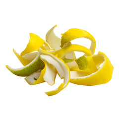 Bright yellow lemon peel twists against stark black background creates vibrant composition