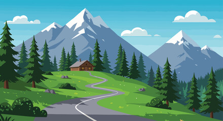 Adobe illustrator vector flat style illustration of a winding road leading towards a cozy cabin nestled among pine trees at the foot of snow-capped mountains under a clear blue sky © meeblues
