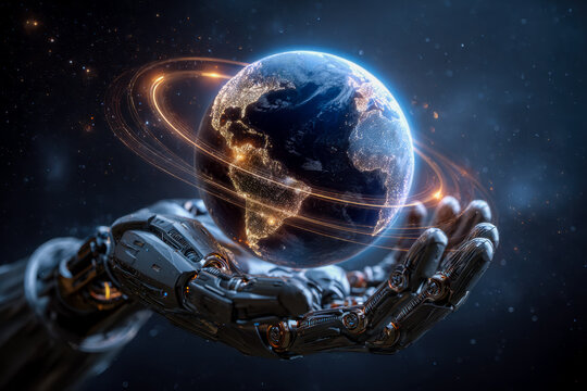 Futuristic robotic hand holding a glowing Earth with orbital light trails