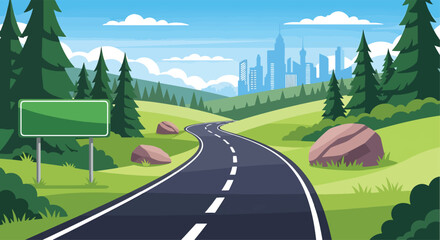 Adobe illustrator vector flat style illustration of a winding road with a curve sign, representing a journey, path, travel, or direction. A minimalist design ideal for navigation, transportation