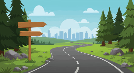 Adobe illustrator vector flat style illustration of a winding road stretching towards a distant cityscape, flanked by green hills, pine trees, and a wooden signpost pointing in two directions