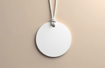 Circular white gift tag with silver metal loop on beige background. Minimal design, slight offset from center, string hanging. Plain beige color provides neutral backdrop.