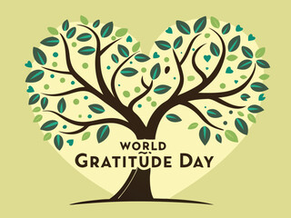 World Gratitude Day Illustration with Heart Shaped Tree and Green Leaves on Light Green Background