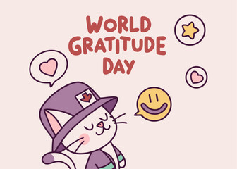 World Gratitude Day Illustration with Cartoon Cat Wearing a Hat and Speech Bubbles with Hearts