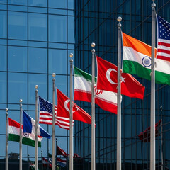 A collection of national flags waving in front of a modern glass building.