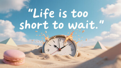A clock is on the sand with the words "Life is too short to wait" written below it
