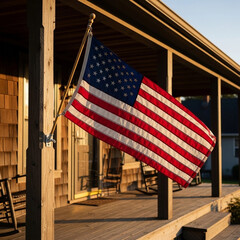 American flag waving on a porch, attached to a wooden post, with rocking chairs visible in the background.