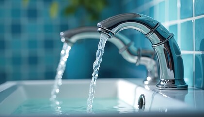 Pristine white sink in bathroom with vibrant blue tiles, two metallic faucets with curved handles. Water flows from both faucets in steady streams creating motion in still image. Conservation concept.