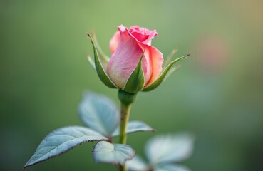 Single rose in full bloom with vibrant pink color surrounded by soft out-of-focus green leaves. Position slightly to right with blurred background of green foliage possibly another rose or flowers.