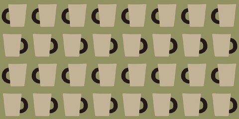 A pattern of tan coffee mugs with black handles is arranged in a grid on a muted green background. Each mug is positioned with the handle facing to the right.