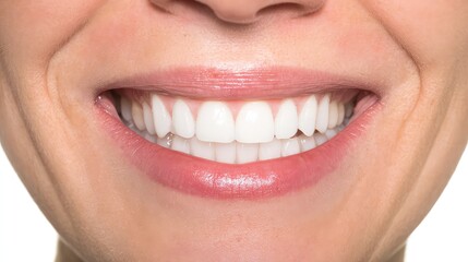 A close-up of bright, healthy white teeth with a clean and radiant smile.