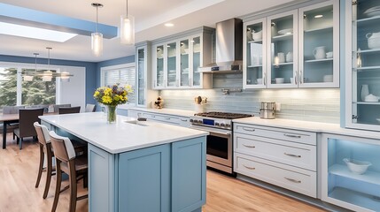 Ice blue kitchen with glass upper cabinets, stainless fixtures, and open concept flowing into luxury living space,