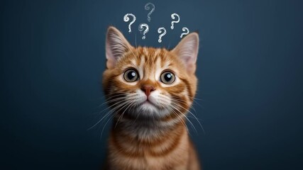Curious Orange Cat with Floating Question Marks. Adorable Pet Expressing Inquiry and Confusion. Fluid Thought Process for Learning, Problem-Solving and Elegant Digital Concepts. - Powered by Adobe