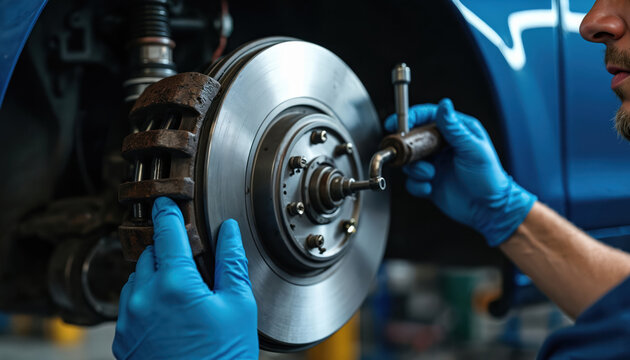 Mechanic in blue uniform repairs car engine on gray concrete floor. Technician uses wrench and screwdriver to diagnose engine issues. Various car parts and tools on workbench. - Powered by Adobe