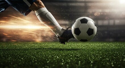 Dynamic Soccer Kick: Player Striking Ball on Green Field in Lit Stadium with Motion Effect