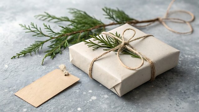A wrapped gift with evergreen and twine sits on a textured gray surface