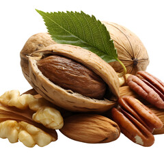 Various Nuts and Leaf Isolated on Black Background, High-Quality Image