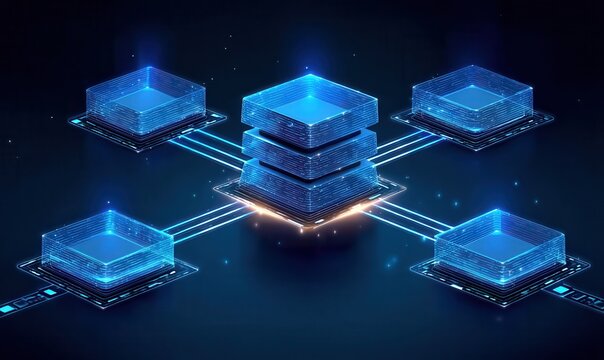 Blue 2.5d rendered network showcases main server with group servers connected by blue clusters