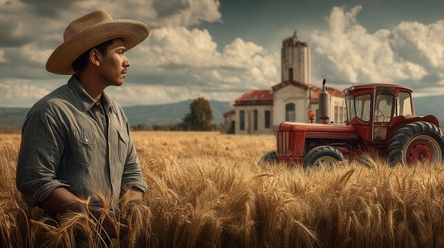 Mexican farmer standing in wheat field near a red tractor and warehouse on a sunny day