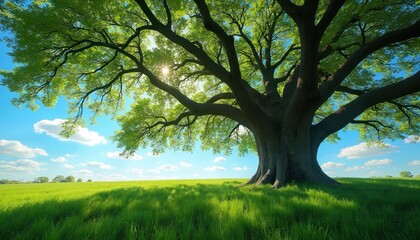 Obraz premium Serene landscape with tall dark brown tree standing center. Tree sturdy trunk, two small trunks growing off ends. Green field of grass surrounds tree, creating natural border. Clear blue sky above