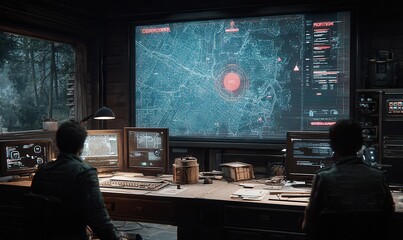 Control room operators analyze large screen map with red detection during surveillance