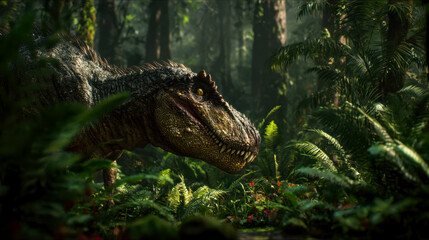 Fototapeta premium A majestic dinosaur lurking in a lush, dense jungle scene