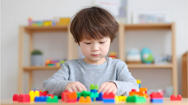 Autistic child playing with colorful toy blocks indoors.A young boy plays quietly with colorful blocks at a table. Concept for autism, sensory activities, childhood development, neurodiversity