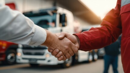 Mexican businessman shaking hands at distribution center during golden hour