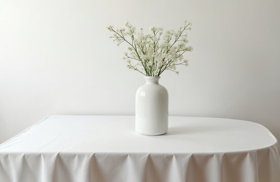 White tablecloth-draped table against pristine white wall. Single vase holds delicate white flowers. Stems neatly arranged, filling vase. Elegance, simplicity created by contrast. Clean, modern