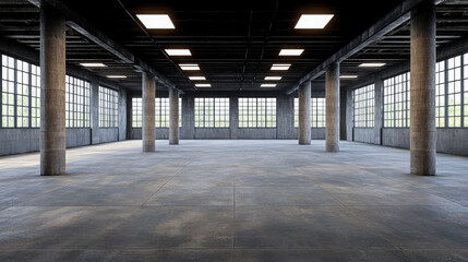 Spacious empty industrial warehouse with concrete floor, large windows, and exposed columns