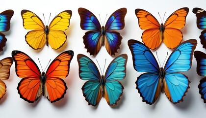 Obraz premium Six tropical butterflies in vibrant colors, shapes. Isolated entomological collection featuring Papilio lepidoptera species. Various positions across frame creating sense of movement, dynamism. Gray