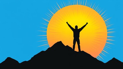 Success on the Mountain Peak - Silhouette of a person with arms raised victoriously on a mountain top, sunrise in the background. Symbol of achievement and success
