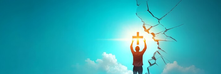 Breaking Through to Hope - Silhouette of a person breaking through a cracked wall, holding a cross, with bright sunlight behind. Represents faith, hope, and overcoming obstacles