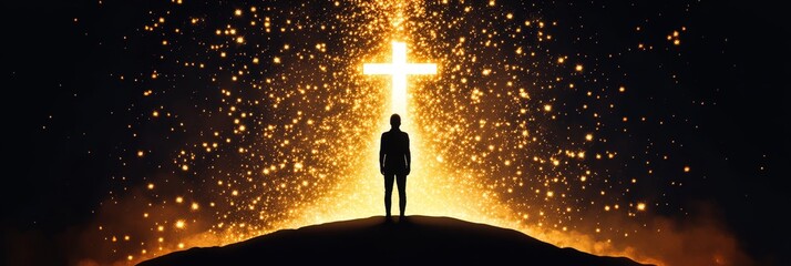 Faith Hope and Light - Silhouette of a person standing before a glowing cross, surrounded by golden light particles. Spiritual, hopeful, and serene