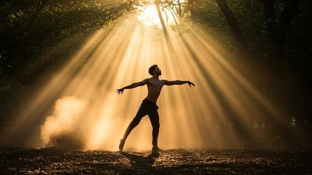 Dynamic Dancer in Sunlit Forest Graceful Movement.