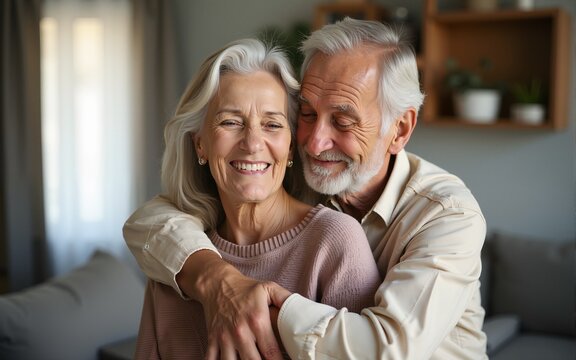 Tender and emotional adult couple, retired couple hugging inside the home, smiling and complicit, concept of happiness, love and companionship in old age. High quality photo. High quality - Powered by Adobe