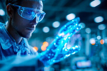 Scientist working with advanced holographic technology in a high-tech laboratory