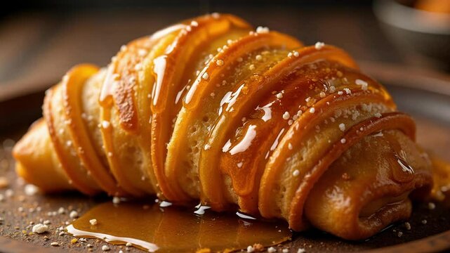 Watch a stunning close up in 4k of a Khaja pastry glistening with a sweet sugar syrup drizzle, showcasing its intricate layers and tempting texture.