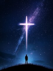 Hope Under Starlight - A lone figure stands silhouetted against a night sky, gazing at a radiant cross formed by starlight