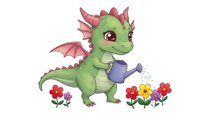 Obraz premium Cute dragon watering flowers illustration