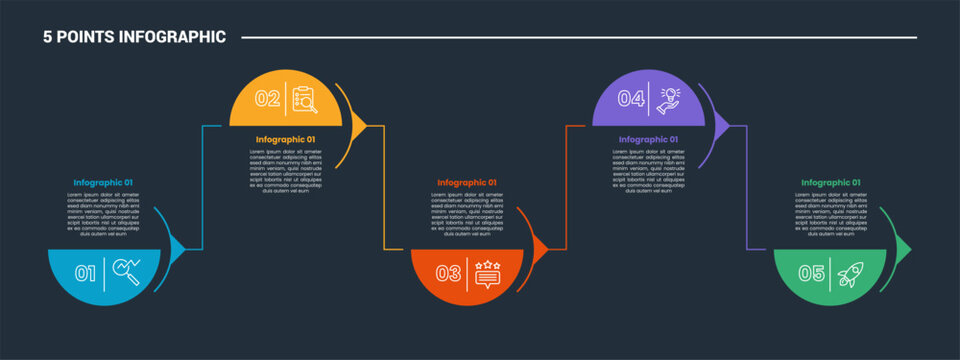 5 stage infographic process diagram with half circle and arrow line up and down with dark background bright outline style