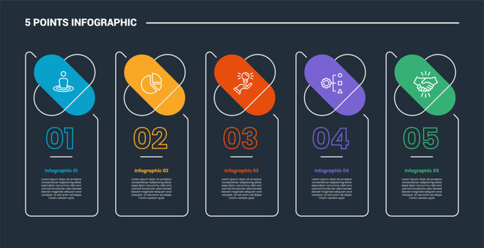 5 stage infographic process diagram with table box with capsule round on top as header with dark background bright outline style