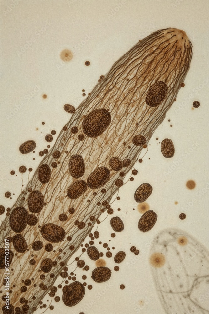 Poster close up view of a brown object with small brown objects around it on a light colored background