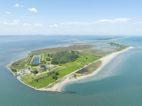 Aerial view of the vibrant island of Barbana, where lush greenery meets the azure sea, creating a stunning contrast of colors and textures, Marano Lagunare, Friuli-Venezia Giulia, Italy.