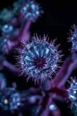 Fototapeta premium A macro shot of a virus cell structure with spikes and purple background in a dark environment